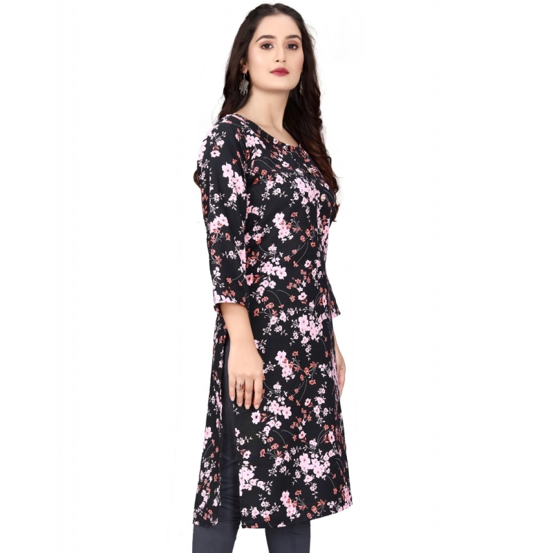 Women's Rayon Printed Round Neck 3-4 th Sleeve Kurti (Black) Women's Rayon Printed Round Neck 3-4 th Sleeve Kurti (Black)