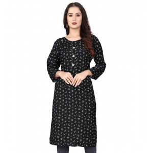 Generic Women's Rayon Printed Round Neck 3-4 th Sleeve Kurti (Black)
