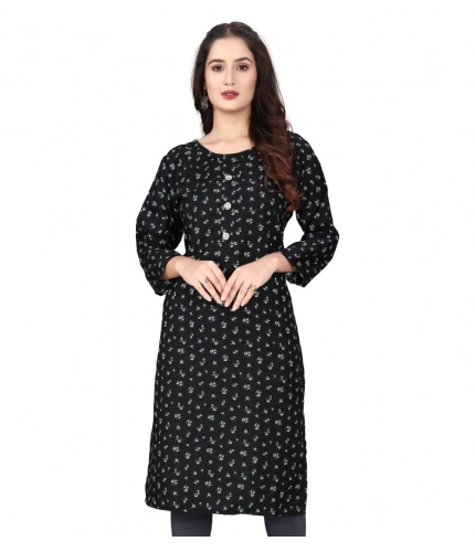 Generic Women's Rayon Printed Round Neck 3-4 th Sleeve Kurti (Black)