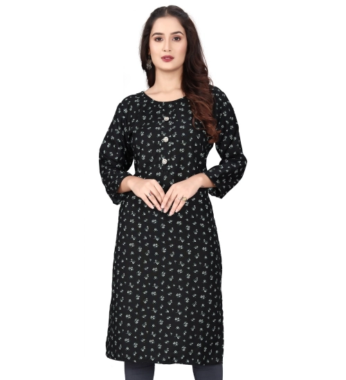 Generic Women's Rayon Printed Round Neck 3-4 th Sleeve Kurti (Black)