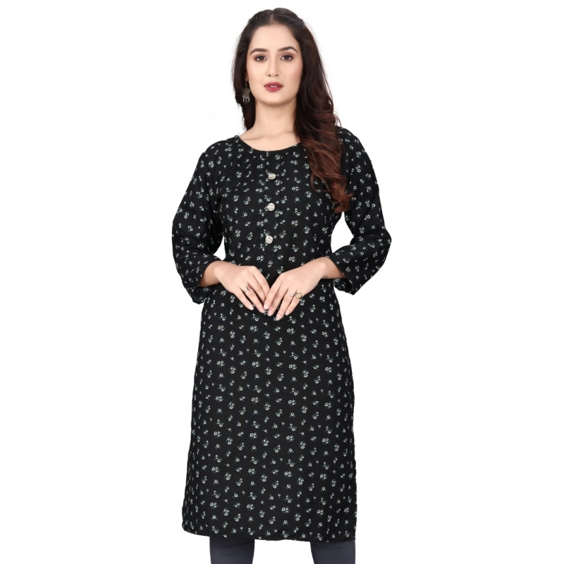 Women's Rayon Printed Round Neck 3-4 th Sleeve Kurti (Black)