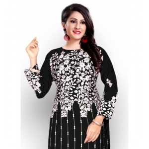 Generic Women's Georgette Printed Round Neck 3-4 th Sleeve Kurti (Black)