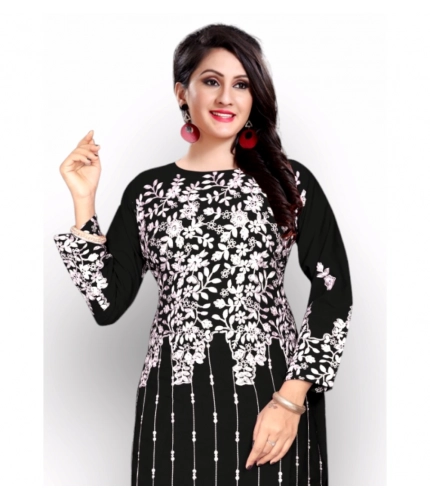 Generic Women's Georgette Printed Round Neck 3-4 th Sleeve Kurti (Black)