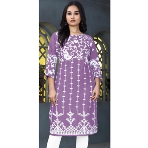 Generic Women's Rayon Printed Round Neck 3-4th Sleeve Kurti (Lavender)