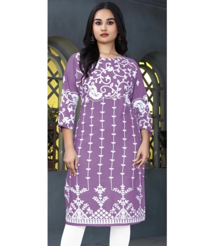 Generic Women's Rayon Printed Round Neck 3-4th Sleeve Kurti (Lavender)