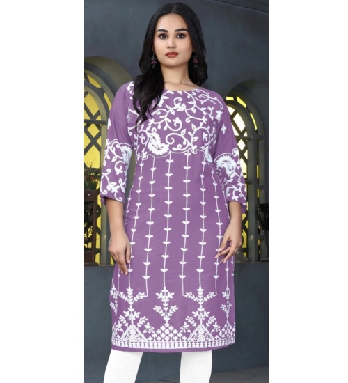 Generic Women's Rayon Printed Round Neck 3-4th Sleeve Kurti (Lavender)