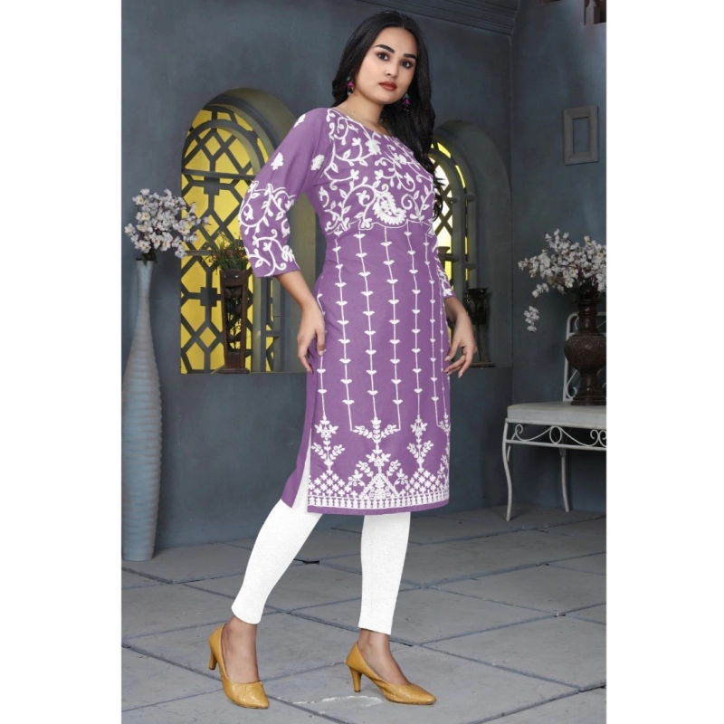 Women's Rayon Printed Round Neck 3-4th Sleeve Kurti (Lavender)
