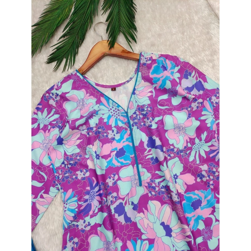 Women's Rayon Printed V Neck 3-4th Sleeve Kurti With Pant Set (Purple)