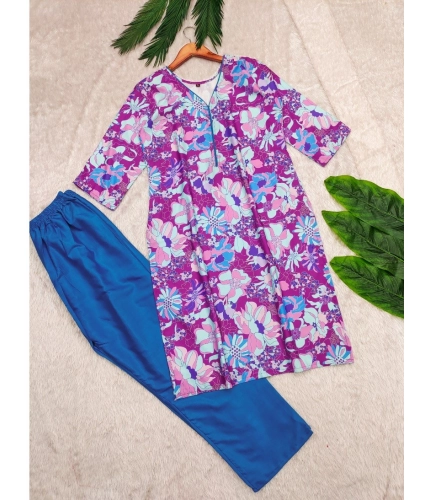 Generic Women's Rayon Printed V Neck 3-4th Sleeve Kurti With Pant Set (Purple)
