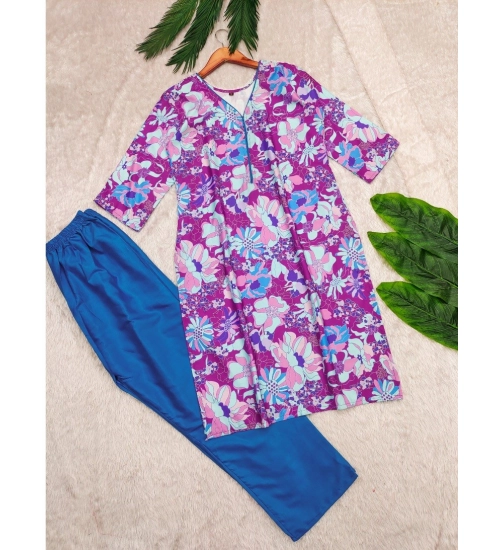Generic Women's Rayon Printed V Neck 3-4th Sleeve Kurti With Pant Set (Purple)