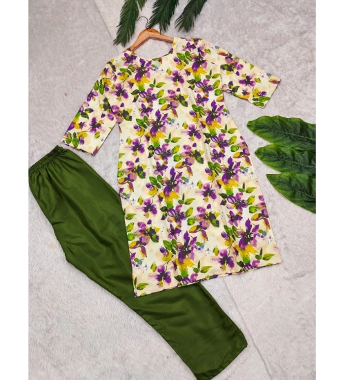 Generic Women's Rayon Printed Round Neck 3-4th Sleeve Kurti With Pant Set (Green)