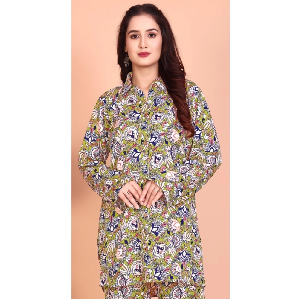 Generic Women's Rayon Printed Mandarin Collar Full Sleeve Co Ord Set (Green) Generic Women's Rayon Printed Mandarin Collar Full Sleeve Co Ord Set (Green)
