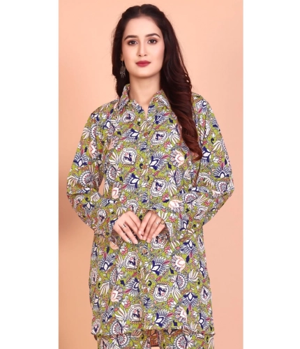 Generic Women's Rayon Printed Mandarin Collar Full Sleeve Co Ord Set (Green) Generic Women's Rayon Printed Mandarin Collar Full Sleeve Co Ord Set (Green)