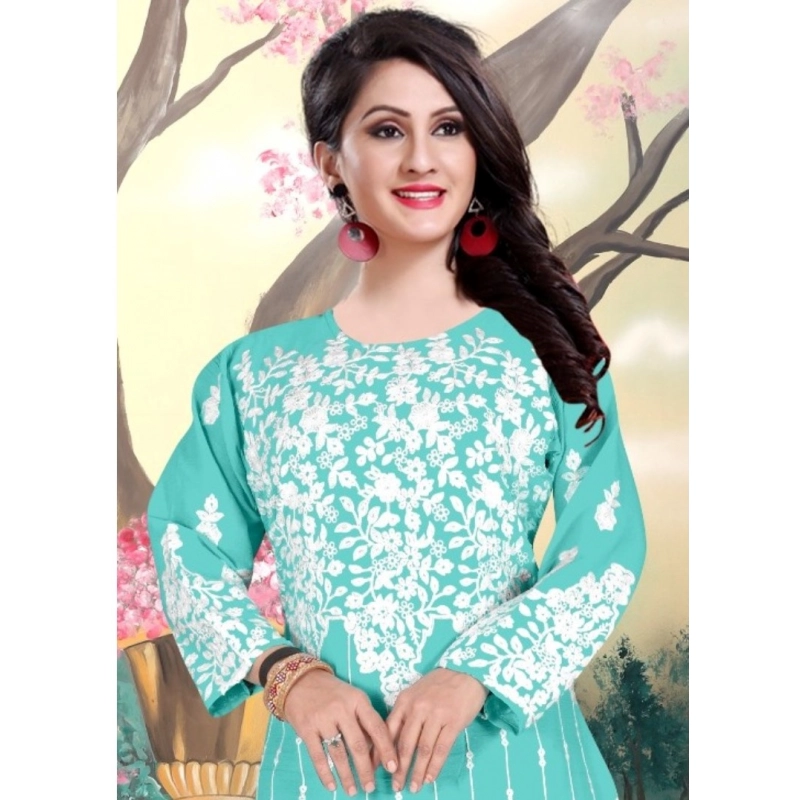 Women's Georgette Printed Round Neck 3-4th Sleeve Kurti (Sky)