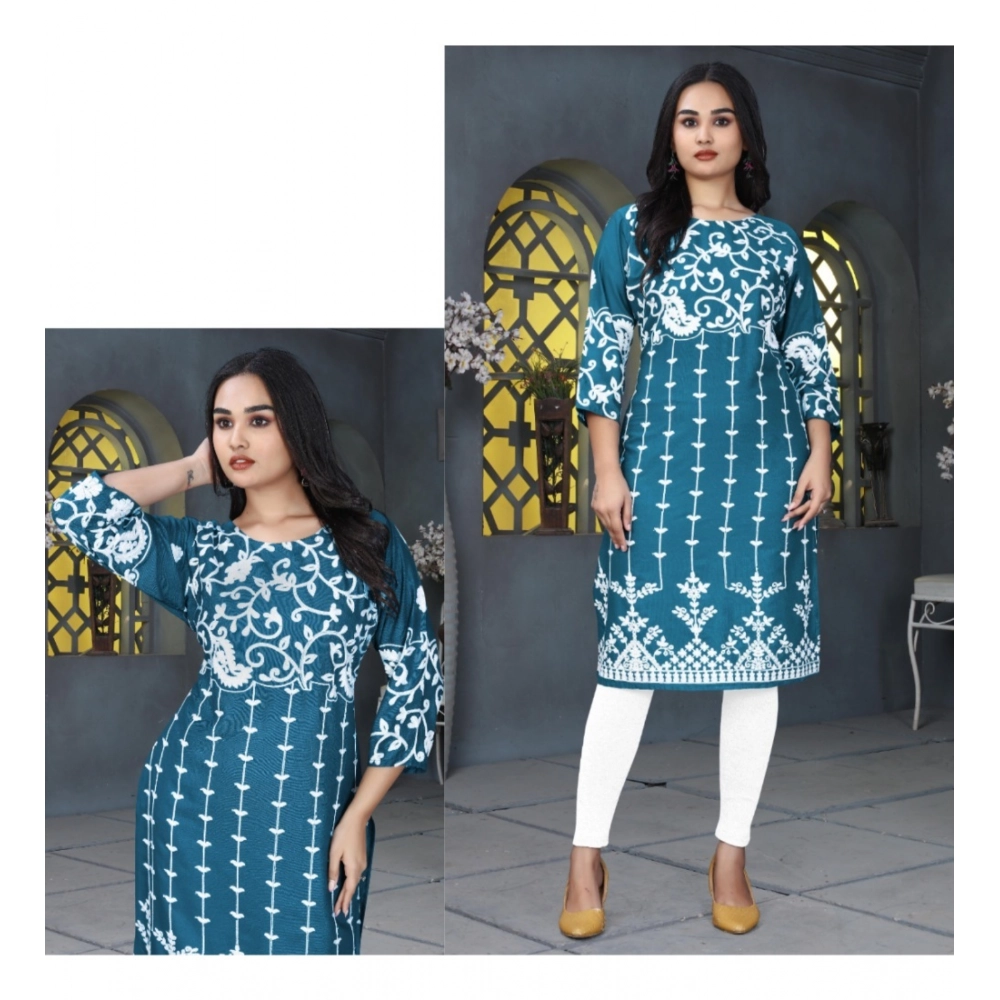 Generic Women's Rayon Printed Round Neck 3-4th Sleeve Kurti (Rama) Generic Women's Rayon Printed Round Neck 3-4th Sleeve Kurti (Rama)