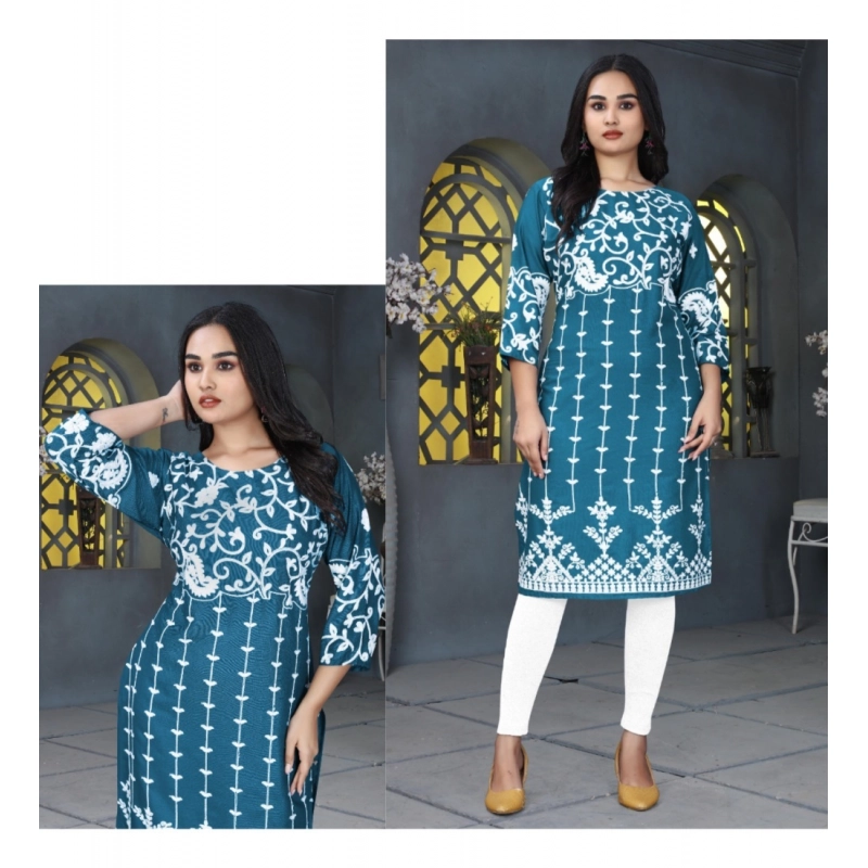 Women's Rayon Printed Round Neck 3-4th Sleeve Kurti (Rama) Women's Rayon Printed Round Neck 3-4th Sleeve Kurti (Rama)