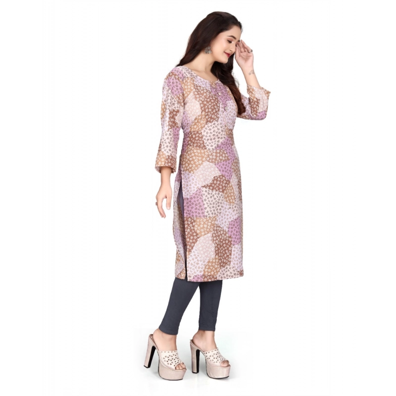 Women's Rayon Printed Round Neck 3-4th Sleeve Kurti (Brown)