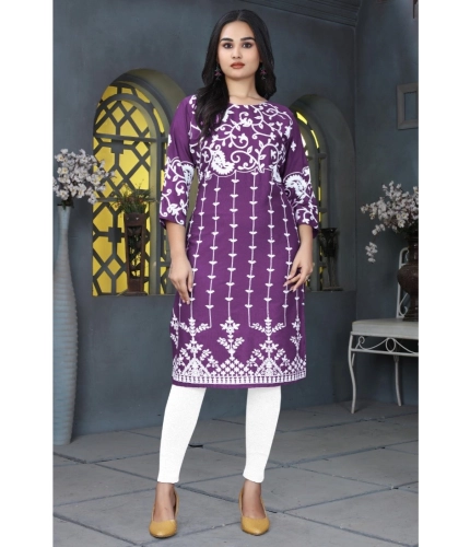 Generic Women's Rayon Printed Round Neck 3-4th Sleeve Kurti (Purple) Generic Women's Rayon Printed Round Neck 3-4th Sleeve Kurti (Purple)