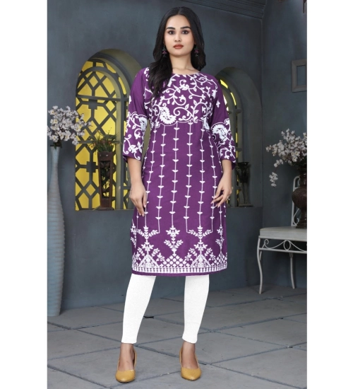 Generic Women's Rayon Printed Round Neck 3-4th Sleeve Kurti (Purple)
