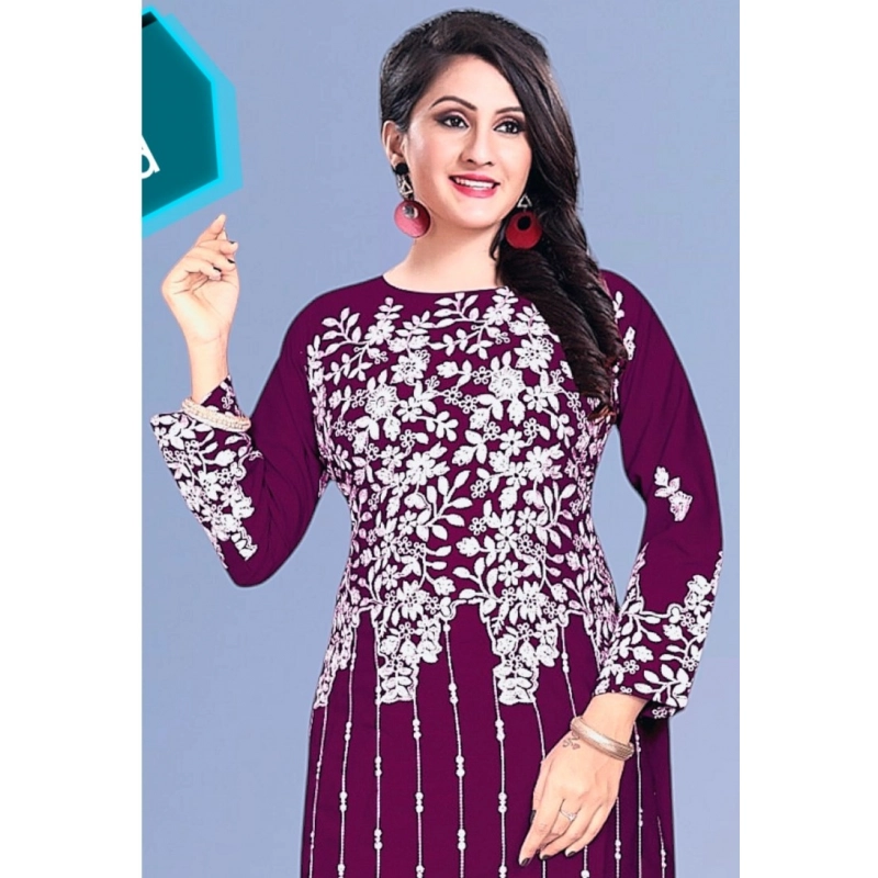 Women's Rayon Printed Round Neck 3-4th Sleeve Kurti (Purple)