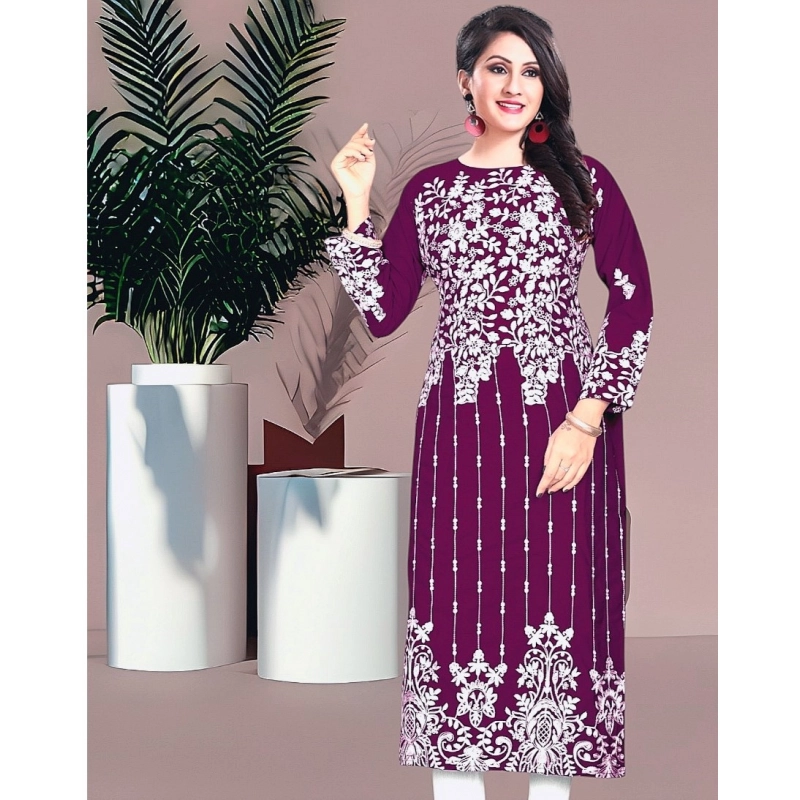 Women's Rayon Printed Round Neck 3-4th Sleeve Kurti (Purple)