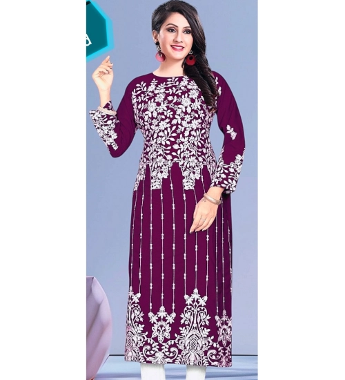 Generic Women's Rayon Printed Round Neck 3-4th Sleeve Kurti (Purple)