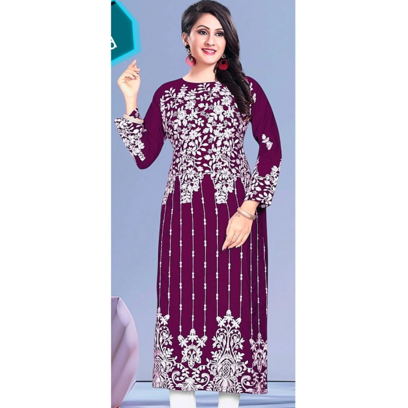 Women's Rayon Printed Round Neck 3-4th Sleeve Kurti (Purple)