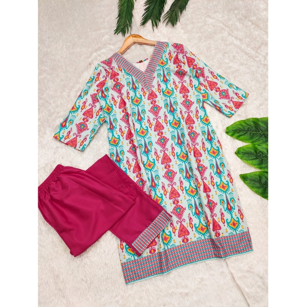 Generic Women's Rayon Printed V Neck 3-4th Sleeve Kurti With Pant Set (Pink) Generic Women's Rayon Printed V Neck 3-4th Sleeve Kurti With Pant Set (Pink)