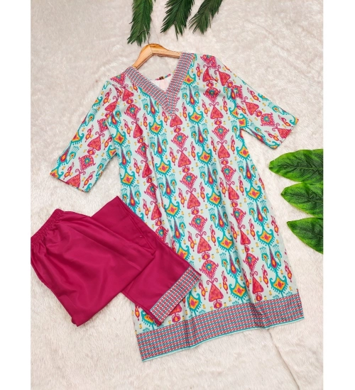 Generic Women's Rayon Printed V Neck 3-4th Sleeve Kurti With Pant Set (Pink)