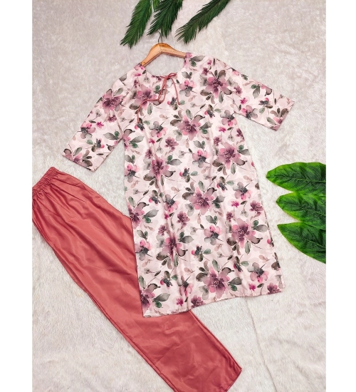 Generic Women's Rayon Printed Round Neck 3-4th Sleeve Kurti With Pant Set (Peach)
