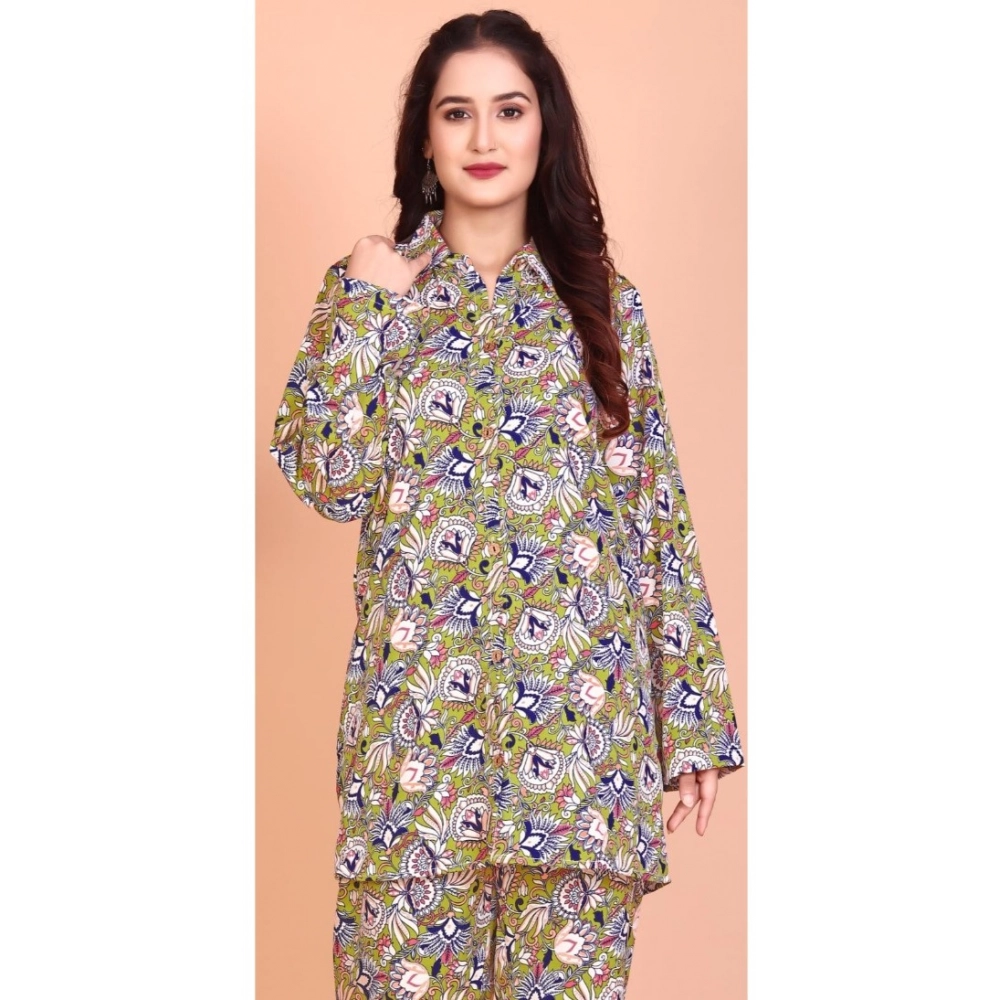 Generic Women's Rayon Printed Mandarin Collar Full Sleeve Co Ord Set (Green) Generic Women's Rayon Printed Mandarin Collar Full Sleeve Co Ord Set (Green)