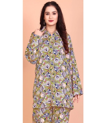 Generic Women's Rayon Printed Mandarin Collar Full Sleeve Co Ord Set (Green)