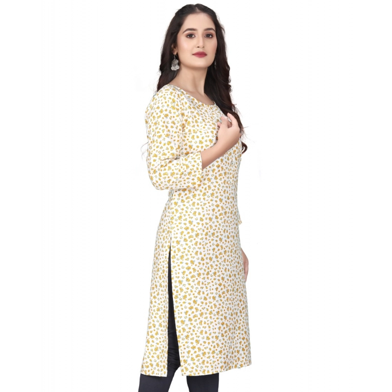 Women's Rayon Printed Round Neck 3-4th Sleeve Kurti (White)