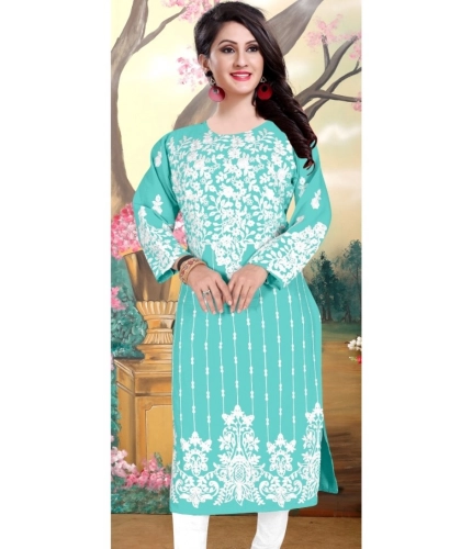 Generic Women's Georgette Printed Round Neck 3-4th Sleeve Kurti (Sky)