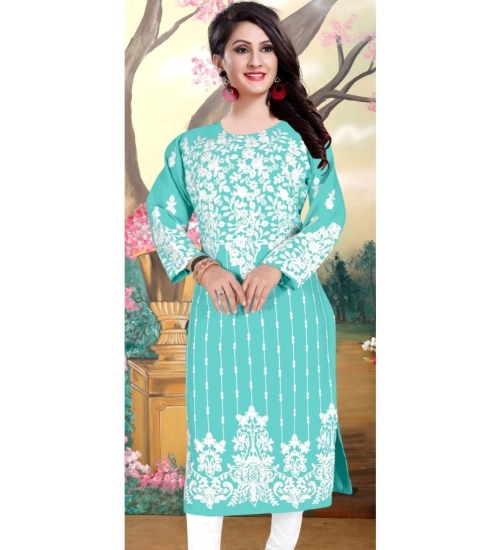 Generic Women's Georgette Printed Round Neck 3-4th Sleeve Kurti (Sky)