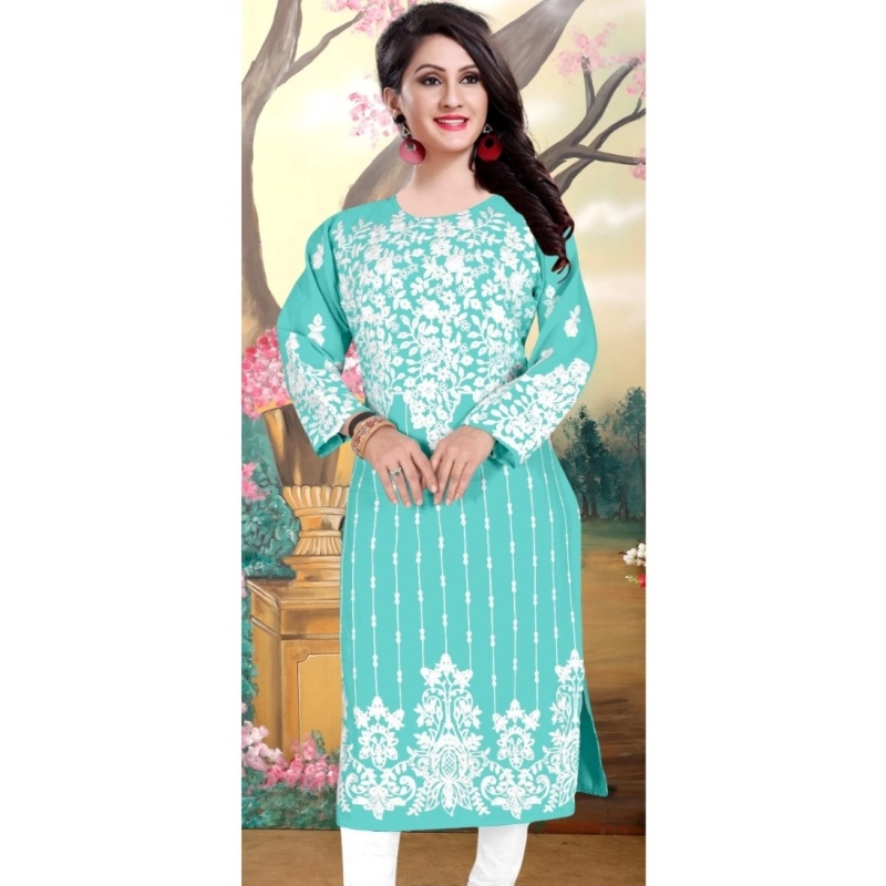 Women's Georgette Printed Round Neck 3-4th Sleeve Kurti (Sky)
