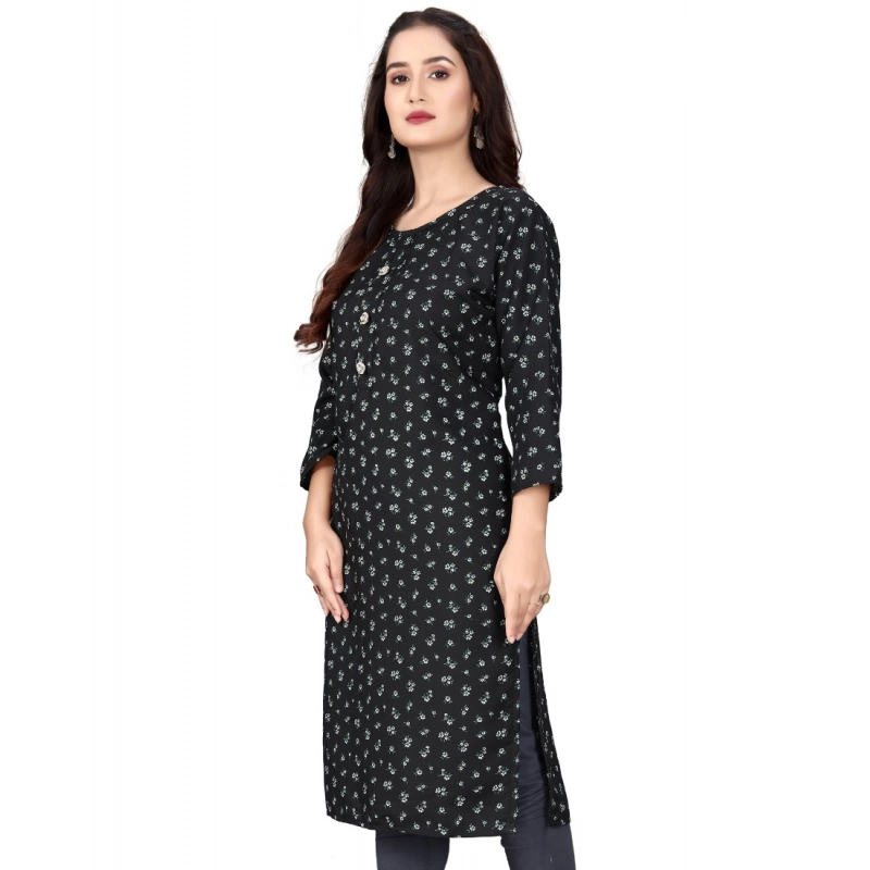 Women's Rayon Printed Round Neck 3-4 th Sleeve Kurti (Black)