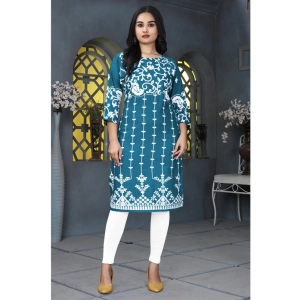 Generic Women's Rayon Printed Round Neck 3-4th Sleeve Kurti (Rama)