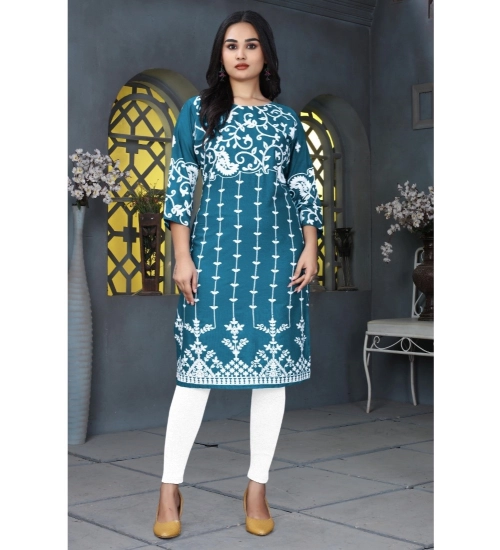Generic Women's Rayon Printed Round Neck 3-4th Sleeve Kurti (Rama)
