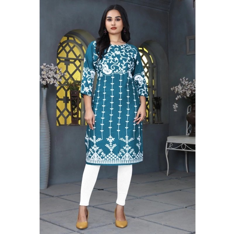 Women's Rayon Printed Round Neck 3-4th Sleeve Kurti (Rama) Women's Rayon Printed Round Neck 3-4th Sleeve Kurti (Rama)