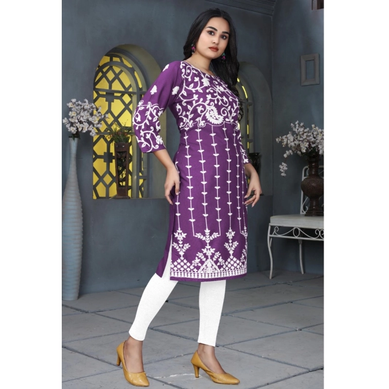 Women's Rayon Printed Round Neck 3-4th Sleeve Kurti (Purple)