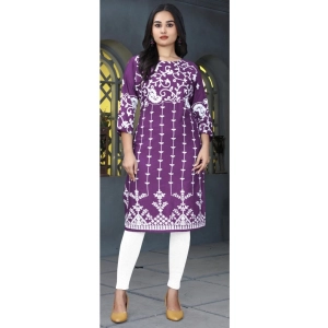 Generic Women's Rayon Printed Round Neck 3-4th Sleeve Kurti (Purple)