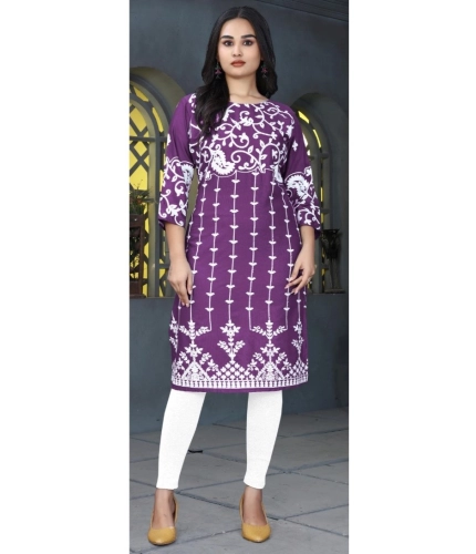 Generic Women's Rayon Printed Round Neck 3-4th Sleeve Kurti (Purple)