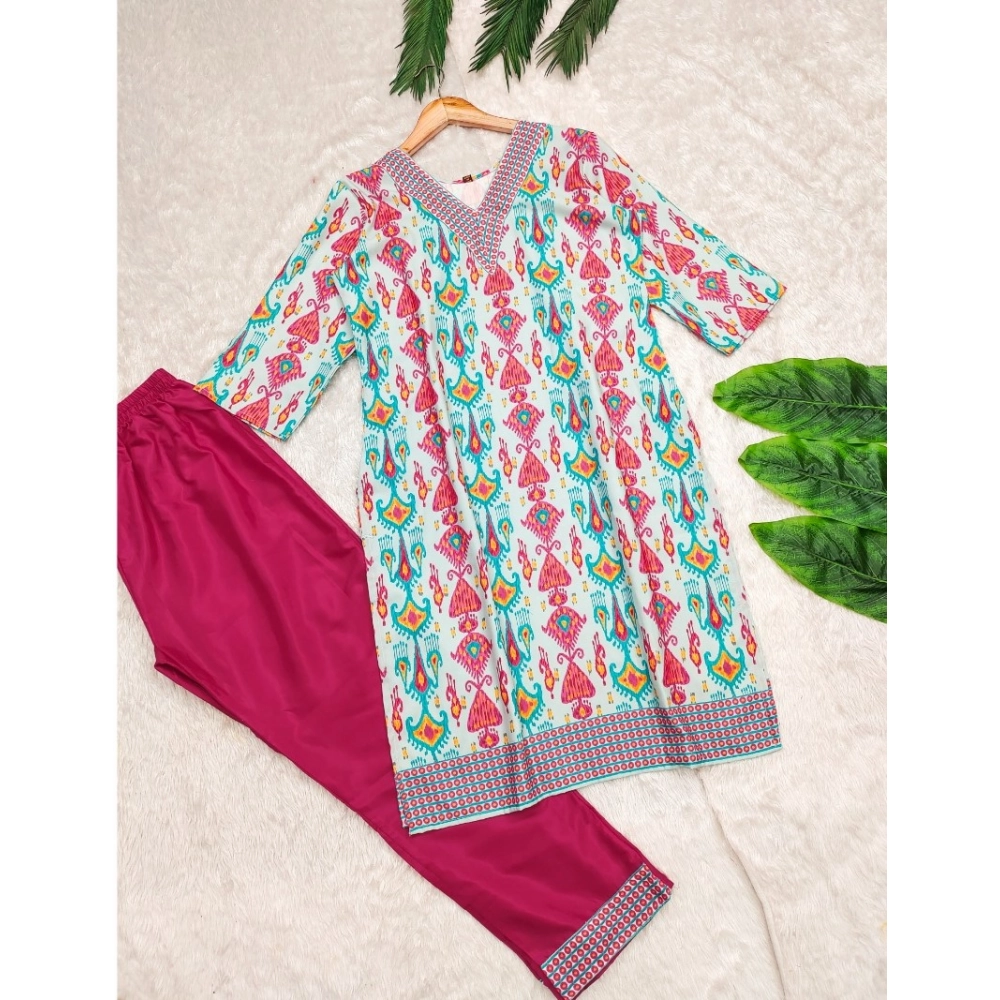 Generic Women's Rayon Printed V Neck 3-4th Sleeve Kurti With Pant Set (Pink) Generic Women's Rayon Printed V Neck 3-4th Sleeve Kurti With Pant Set (Pink)