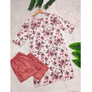 Generic Women's Rayon Printed Round Neck 3-4th Sleeve Kurti With Pant Set (Peach)