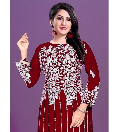 Generic Women's Rayon Printed Round Neck 3-4th Sleeve Kurti (Maroon)