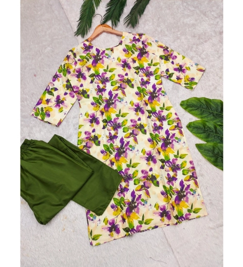 Generic Women's Rayon Printed Round Neck 3-4th Sleeve Kurti With Pant Set (Green)