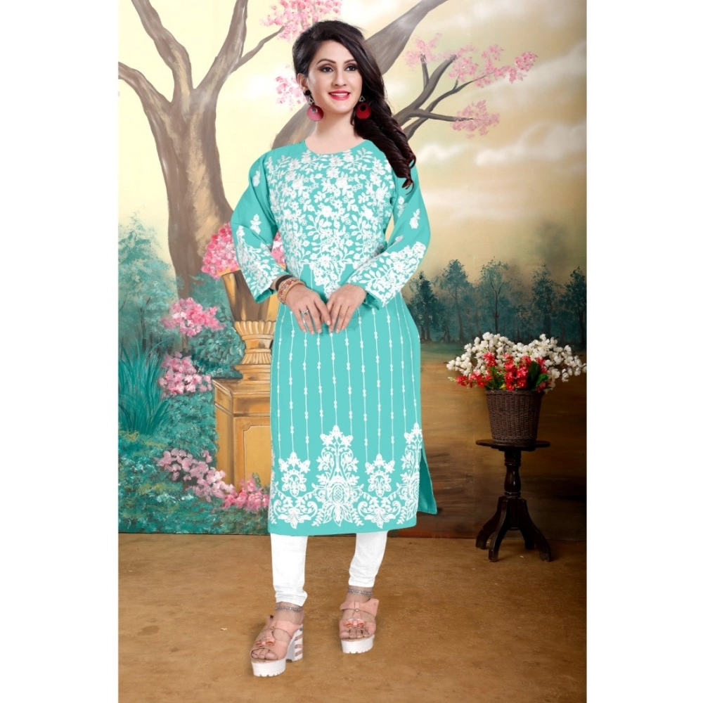 Generic Women's Georgette Printed Round Neck 3-4th Sleeve Kurti (Sky) Generic Women's Georgette Printed Round Neck 3-4th Sleeve Kurti (Sky)