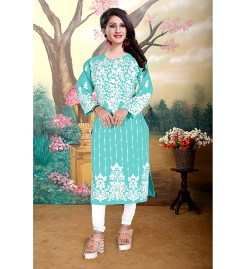 Generic Women's Georgette Printed Round Neck 3-4th Sleeve Kurti (Sky)