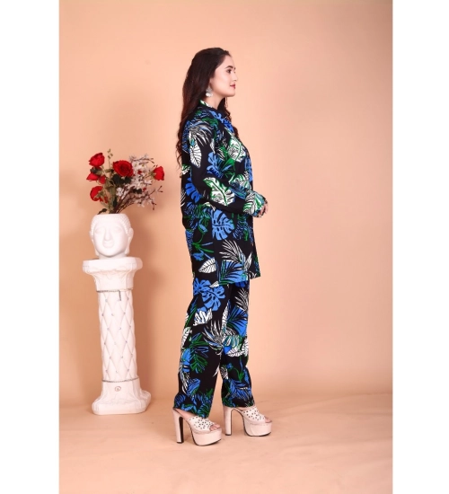 Generic Women's Rayon Printed Mandarin Collar Full Sleeve Co Ord Set (Black)